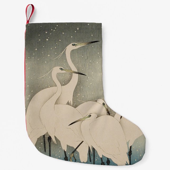 Chinoiserie White Egret Winter Snow Pattern Small Christmas Stocking (Front)