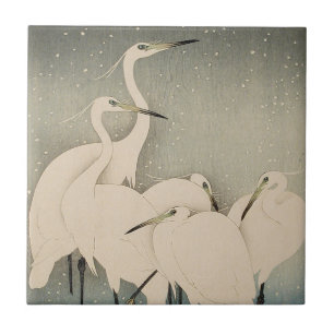 Chinoiserie White Egret Winter Snow Pattern Tile
