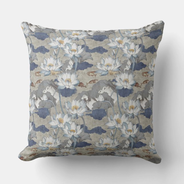 Chinoiserie White Lotus Throw Pillow (Front)