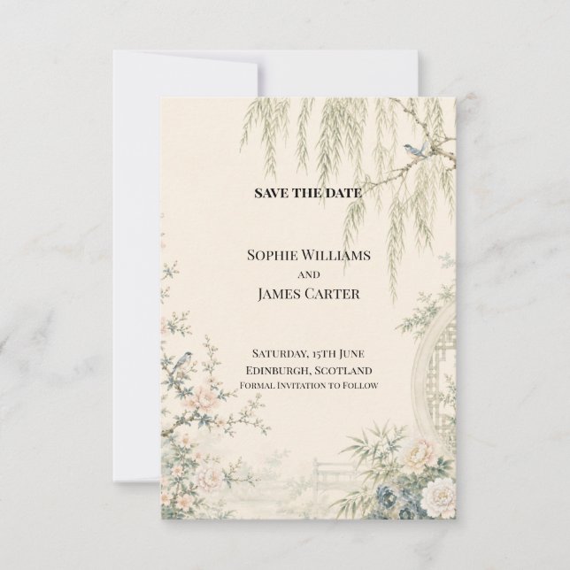 Chinoiserie Willow Moon Gate Garden Save The Date (Front)