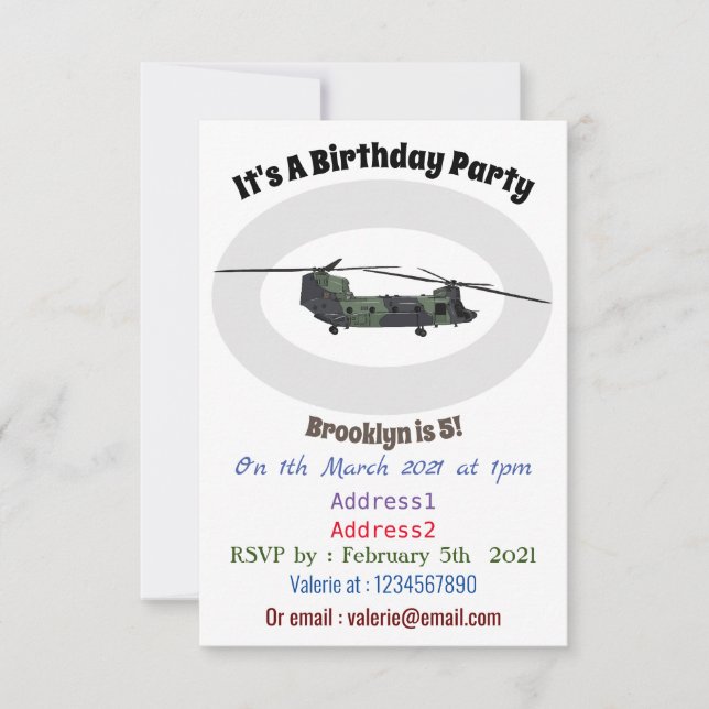 Chinook army helicopter cartoon illustration invitation (Front)