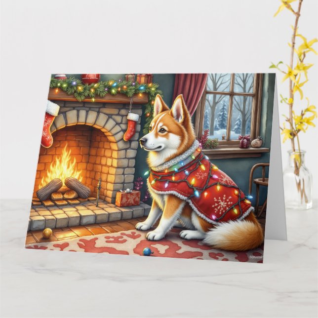 Chinook Sitting by Fireplace with Christmas Lights Card (Yellow Flower)