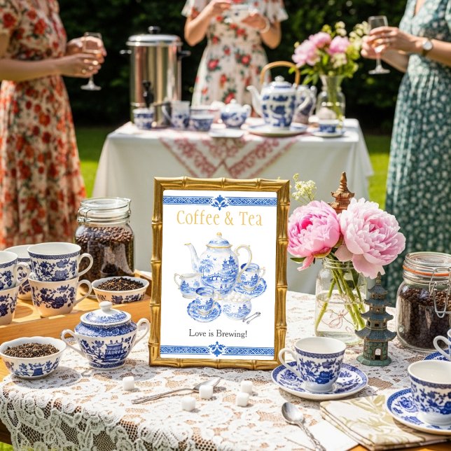 Chinosierie blue Coffee & Tea Love is Brewing Sign Invitation (Chinosierie Coffee and Tea Love is Brewing Sign)