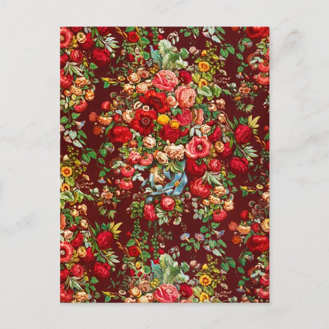 Chintz pattern red pink yellow flowers vintage  postcard (Front)