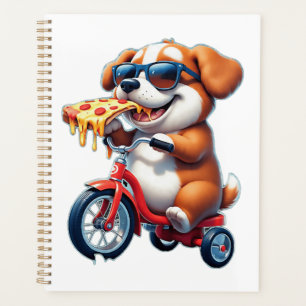 chiot à vélo mangeant de la pizza