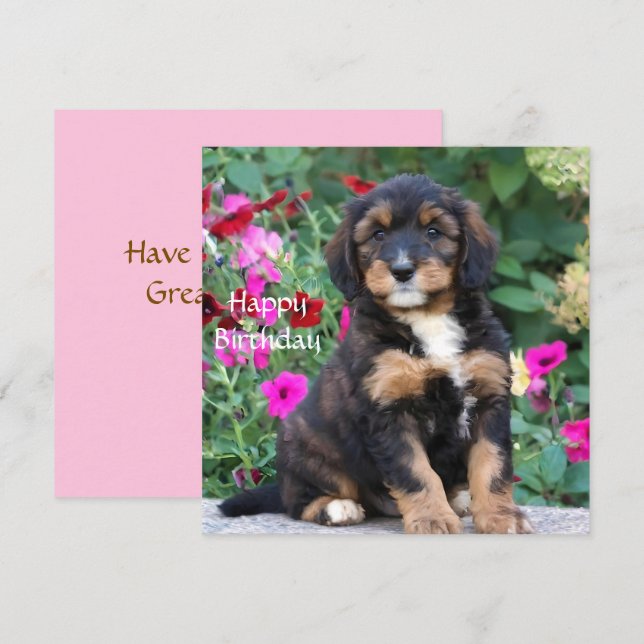 Chiot bernedoodle en pétunias Carte d'anniversaire (Devant / Derrière)