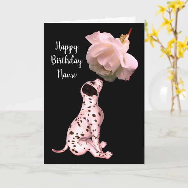 Chiot dalmate Et Rose Personnaliser Carte Annivers (Fleur jaune)