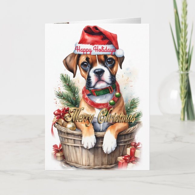Chiot de Noël dans un panier carte de vacances "Bo (Devant)