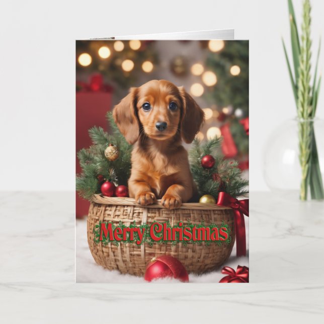 Chiot de Noël dans un panier carte de vacances Dox (Devant)