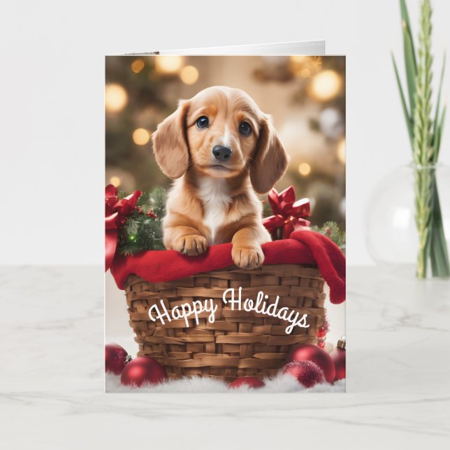 Chiot de Noël dans un panier carte de vacances Dox (Devant)