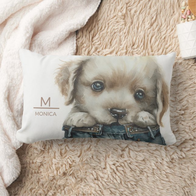 Chiot en Jeans Art Monogramme Jeter Oreiller (Couverture)