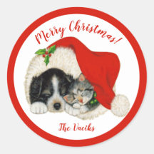 Chiot et chaton Joyeux Stickers ronds de Noël
