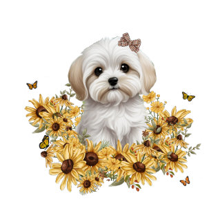 Chiot maltais avec des fleurs jaunes d'automne 