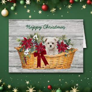 Chiot maltais blanc dans le panier Carte de Noël