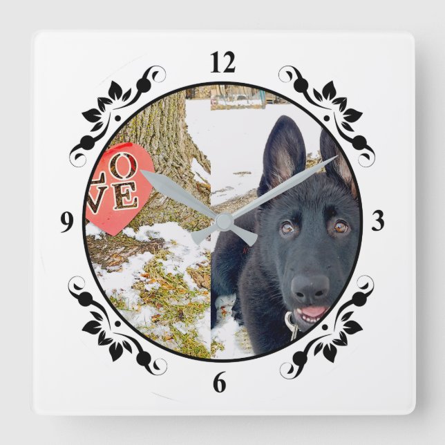 Chiot noir GSD et Carré de coeur d'amour Horloge m (Recto)