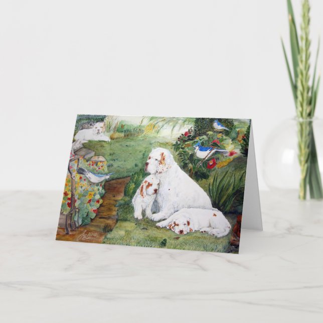 Chiots de Clumber dans la carte de voeux de jardin (Devant)