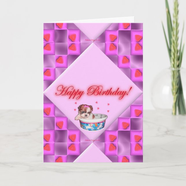 Chiots et Coeurs roses Carte d'anniversaire (Devant)