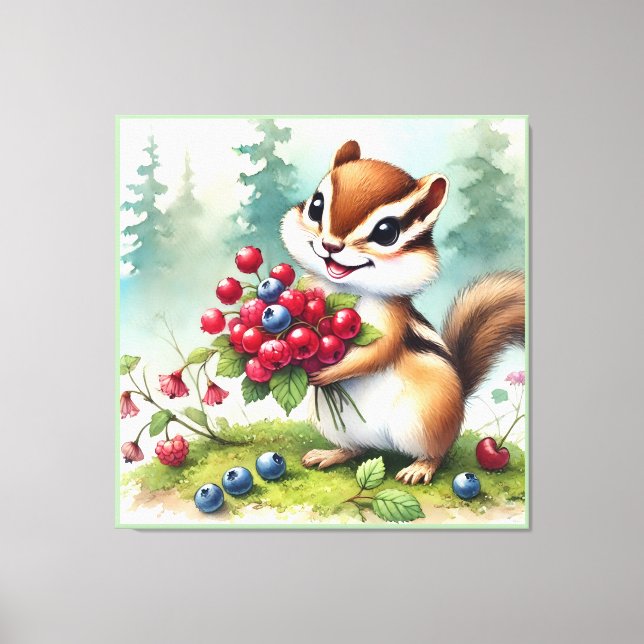 Chipmuk holding berries canvas print (Front)