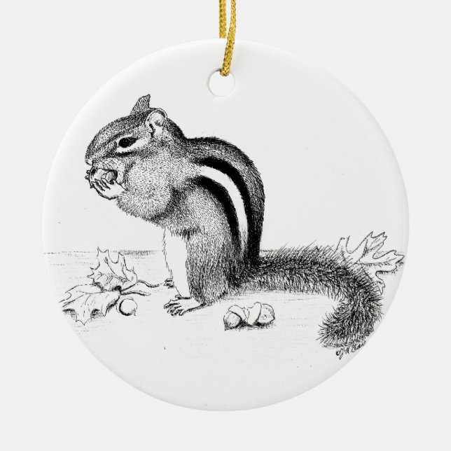 Chipmunk and Acorns Ceramic Ornament (Front)