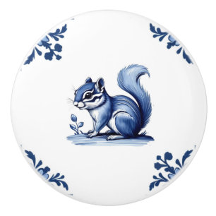 Chipmunk Delft Blue White Corners Woodland Animals Ceramic Knob