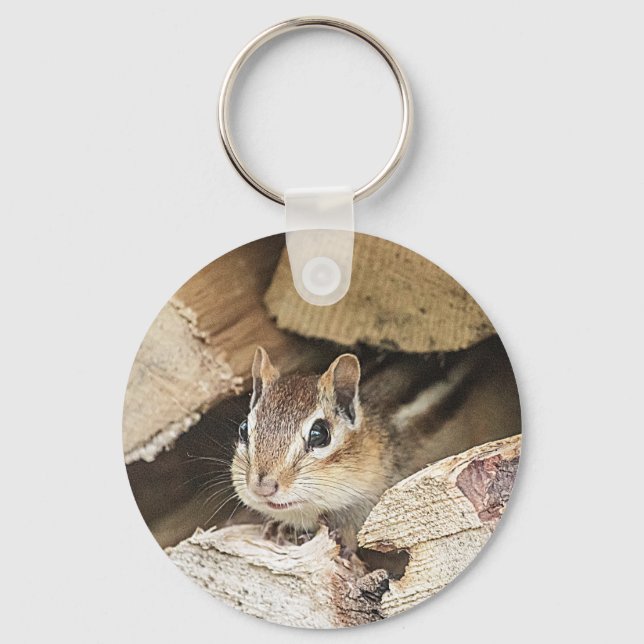 Chipmunk in a wood pile keychain (Front)