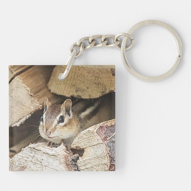 Chipmunk in a wood pile keychain (Back)