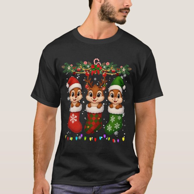 Chipmunk In Christmas Socks Lights Chipmunk Xmas L T-Shirt (Front)