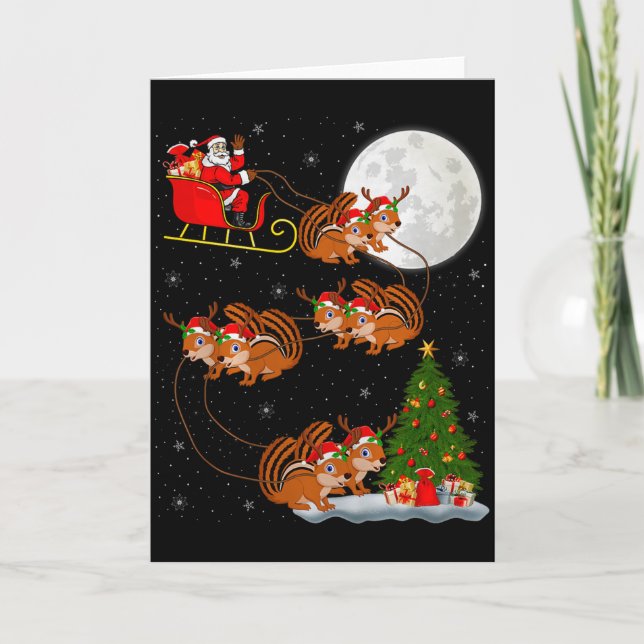 Chipmunk Santa Sleigh Flying Funny Magical Christm Card (Front)