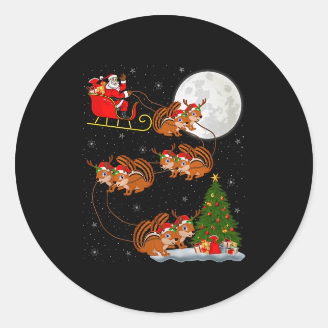 Chipmunk Santa Sleigh Flying Funny Magical Christm Classic Round Sticker (Front)