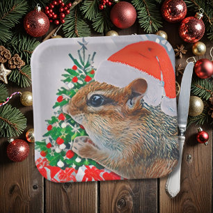 Chipmunk with Christmas Hat in Front of Tree Paper Plate