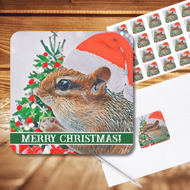 Chipmunk with Christmas Hat in Front of Tree Square Sticker (This cute chipmunk joined me on my back porch stairs. Of course I had to add the Santa hat later! :))
