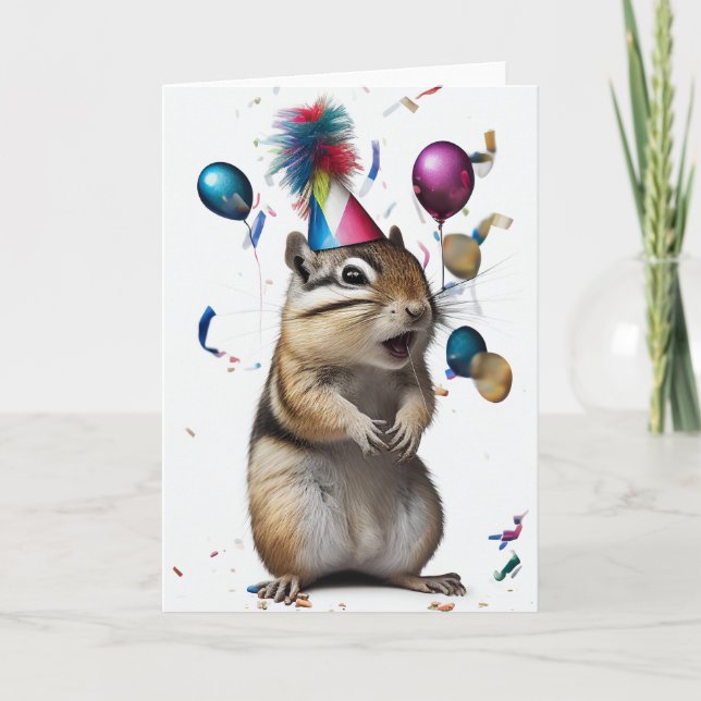 Chipmunk with Party Hat Folded Greeting Card (Front)
