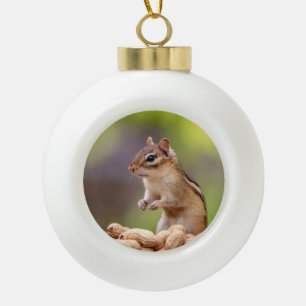 Chipmunk with peanuts ceramic ball christmas ornament