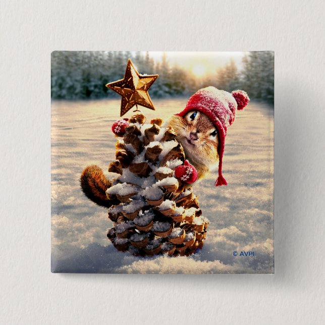 Chipmunk With Pine Cone Tree 2 Inch Square Button (Front)