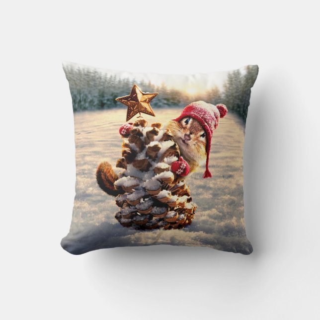 Chipmunk With Pine Cone Tree Throw Pillow (Front)