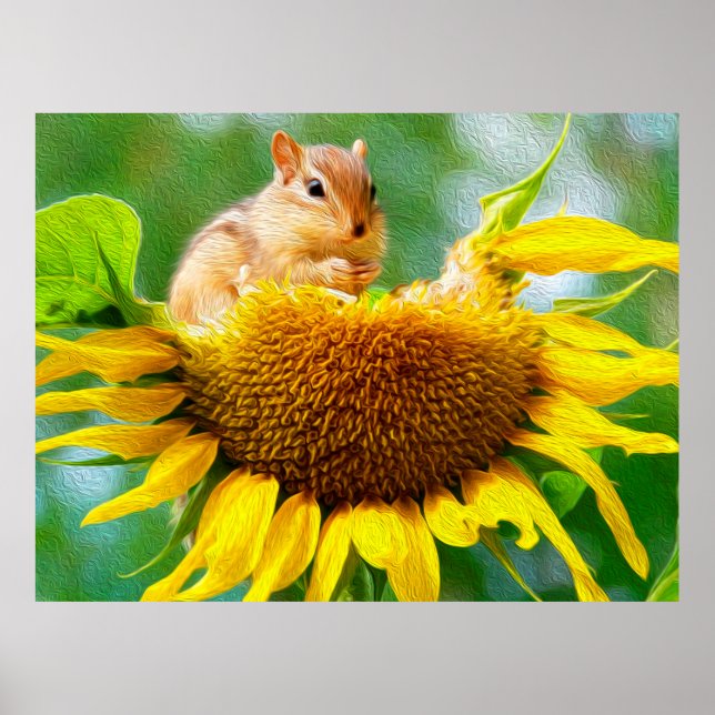 Chipmunk Yellow Sunflower Photo Painting Poster (Front)