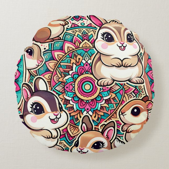 "Chipmunks & Cottontails" Round Pillow (Front)
