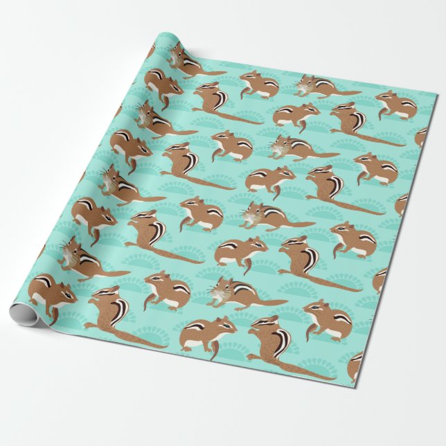 Chipmunks on Mint Green Background Patterned Wrapping Paper (Unrolled)