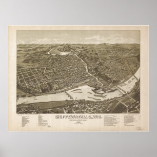 Chippewa Falls WI 1886 Antique Panoramic Map Poster