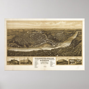 Chippewa Falls WI 1907 Antique Panoramic Map Poster