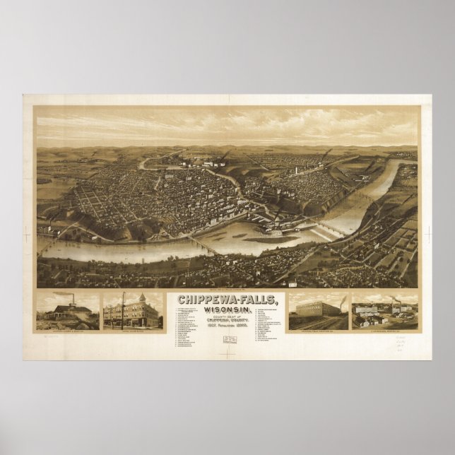 Chippewa Falls WI 1907 Antique Panoramic Map Poster (Front)