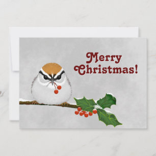 Chipping Snowy Sparrow with Holly and Berries Invitation