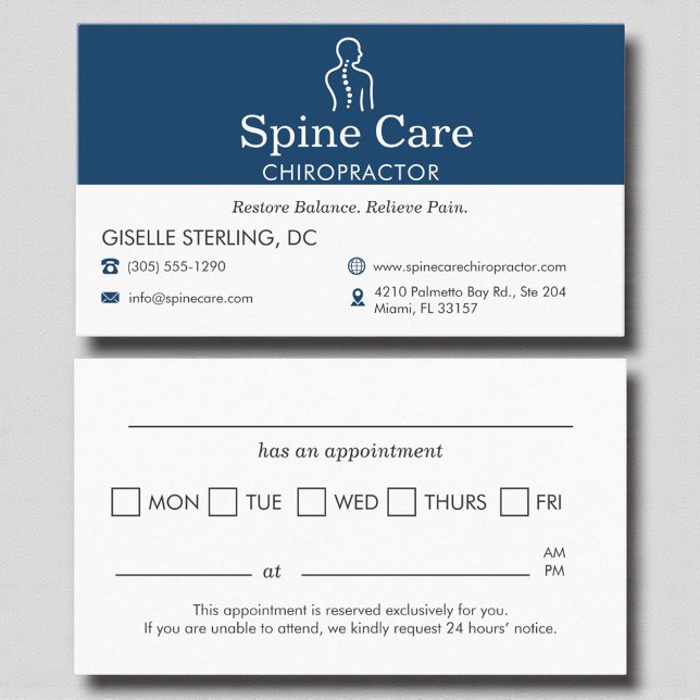 Chiropractor Office Appointment Reminder Navy Blue Card (Creator Uploaded)