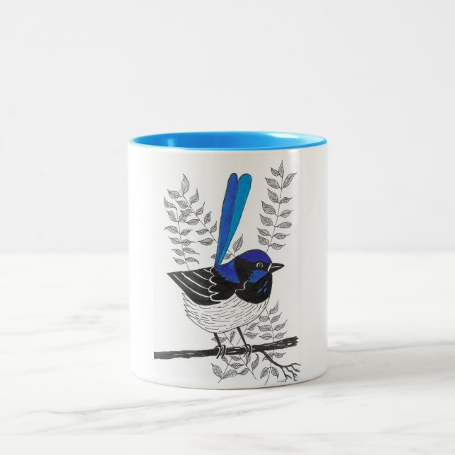 Chirpy Blue Wren Two-Tone Coffee Mug (Center)