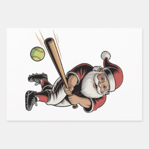 Chirstmas Softball Playing Santa Claus Sport Wrapping Paper Sheet