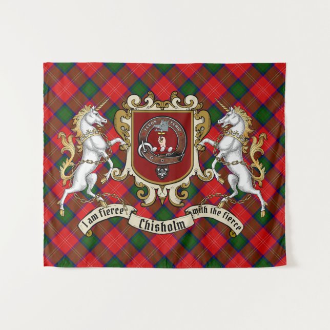 Chisholm Clan Badge & Unicorns w/Tartan  Tapestry (Front (Horizontal))