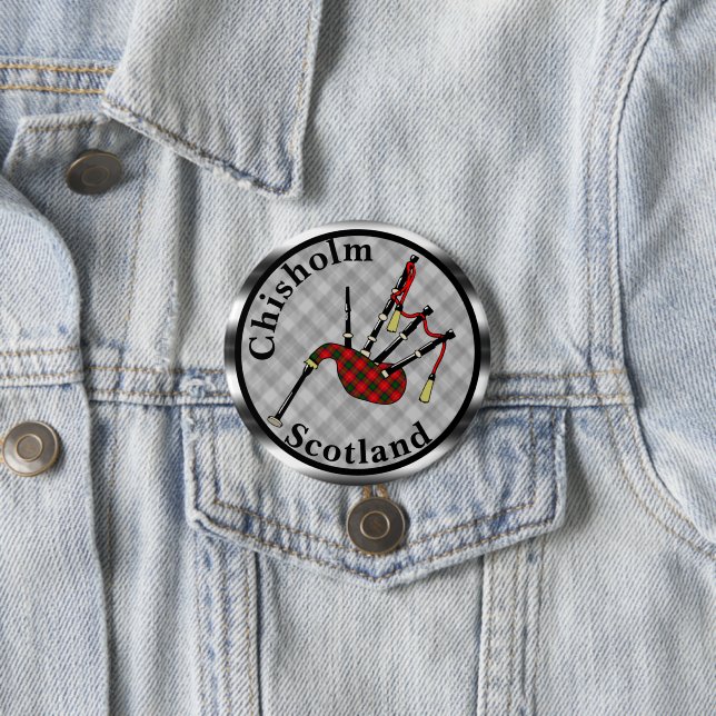 Chisholm Tartan Bagpipes 3 Inch Round Button (In Situ)