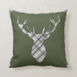 Chive Olive Green Grey Plaid Tartan Stags Head Throw Pillow