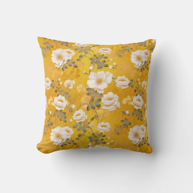 Chiyogami floral pattern in yellow throw pillow (Front)