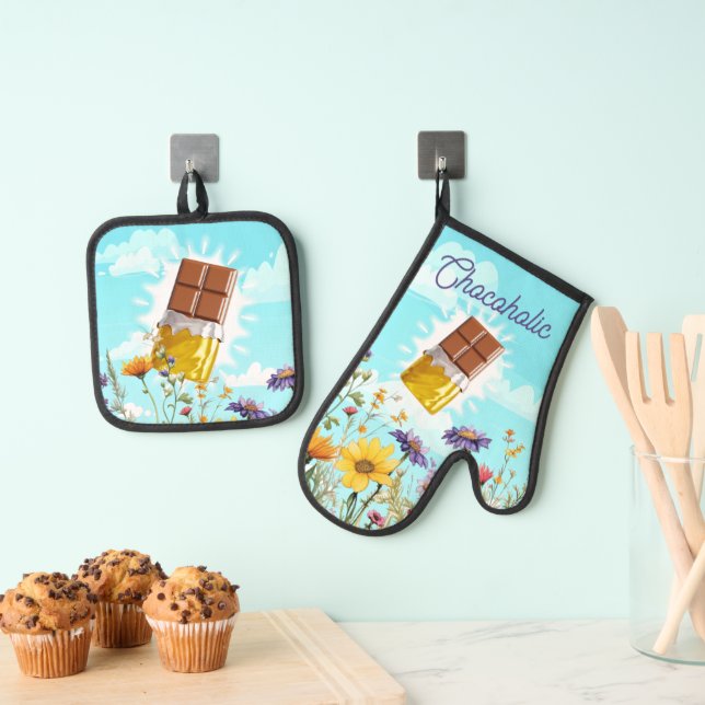 Chocoholic chocolate candy cooking baking kitchen oven mitt & pot holder set (Insitu(Hanging))